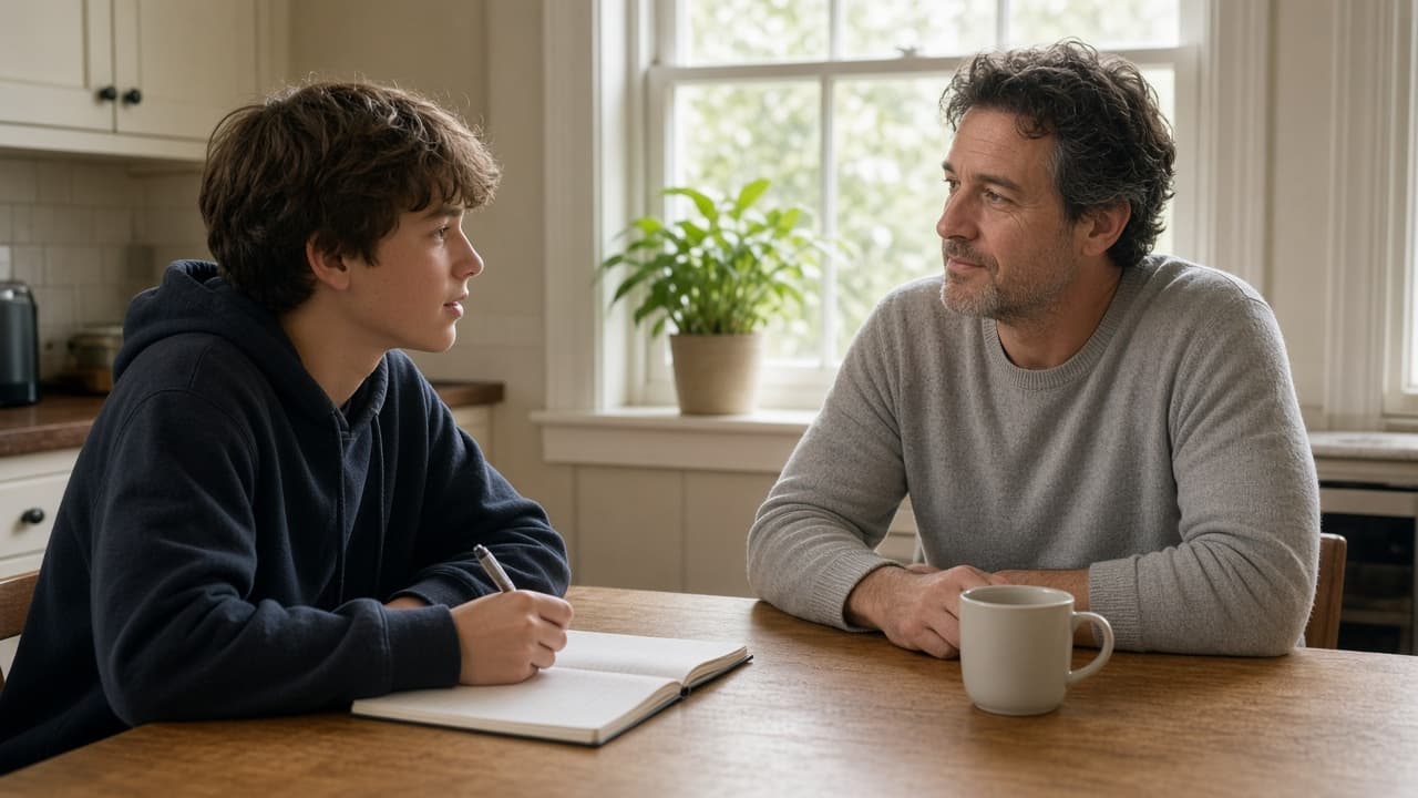 A youth and an adult sit at a wooden kitchen table with notebooks in morning light. The adult is listening.