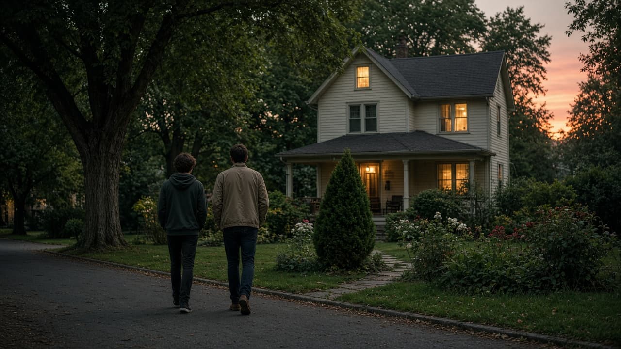A youth and a calm adult walk toward a modest house on a quiet residential street in late-summer evening light. They are seen from a distance.
