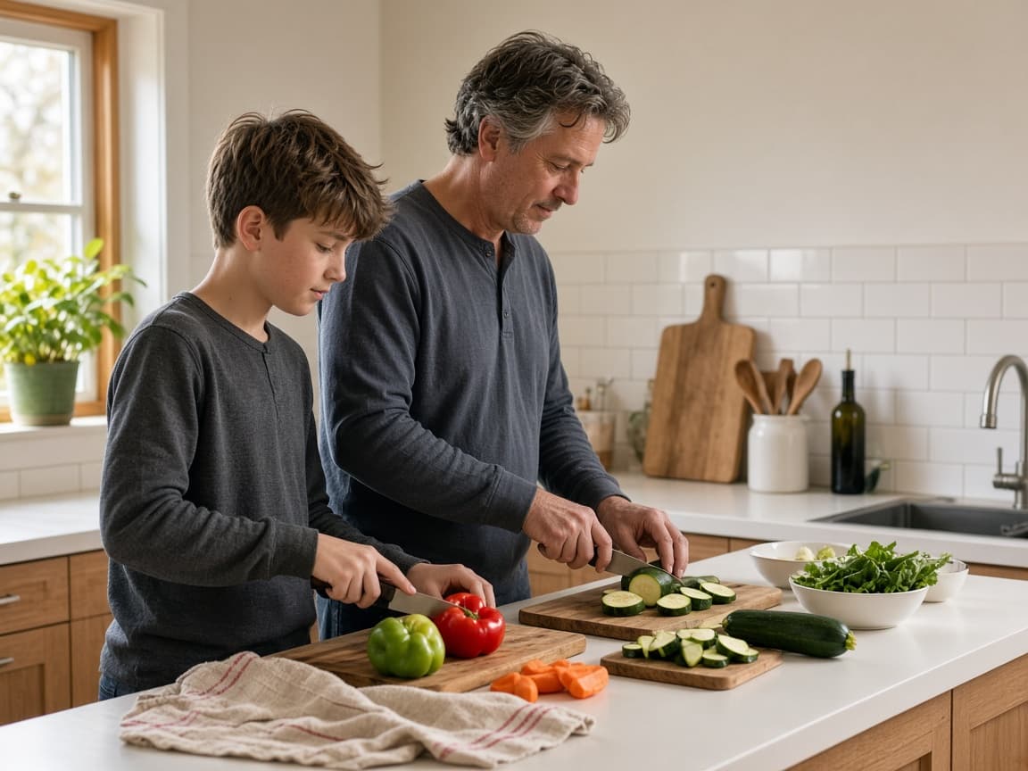 A youth and an adult chop vegetables at an ordinary kitchen counter in natural side light.
