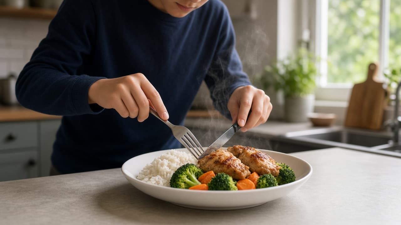 A youth plates a simple home meal of rice, vegetables, and chicken. Steam rises in window light. No brand packaging is readable.