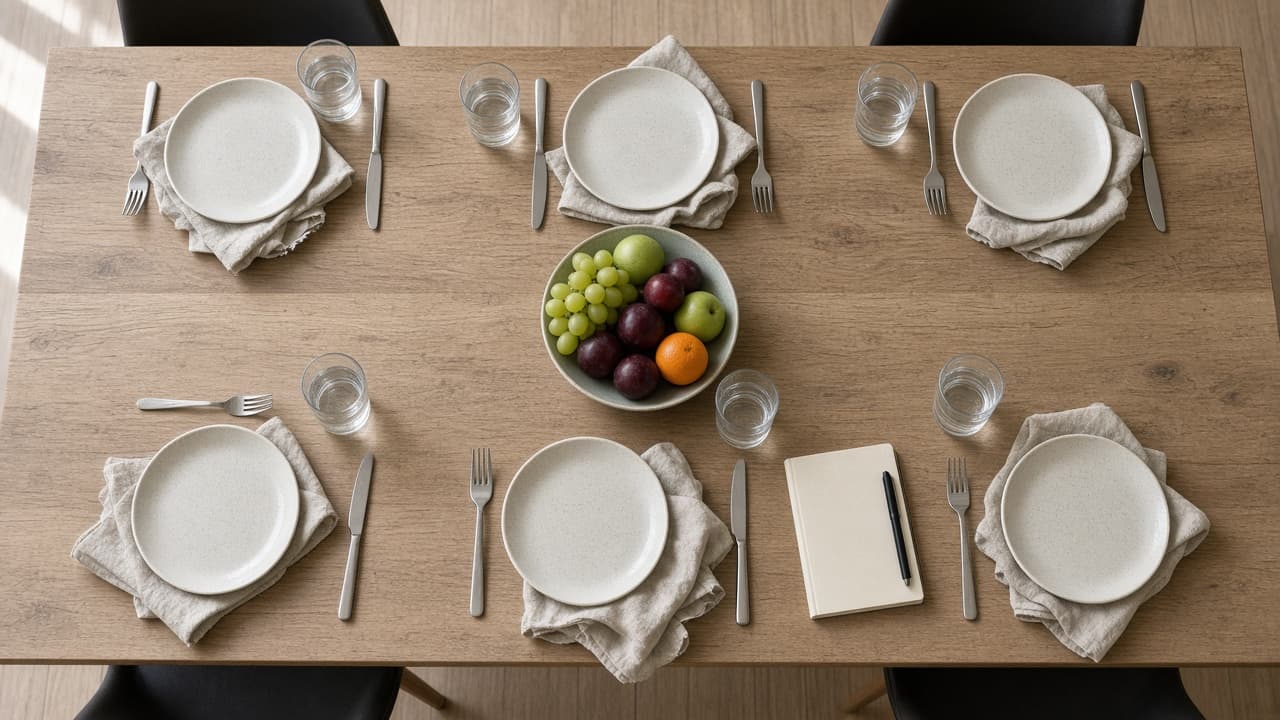 A dining table set for six, with plates, water glasses, a bowl of fruit, and one notebook at the side. Daylight, no faces.