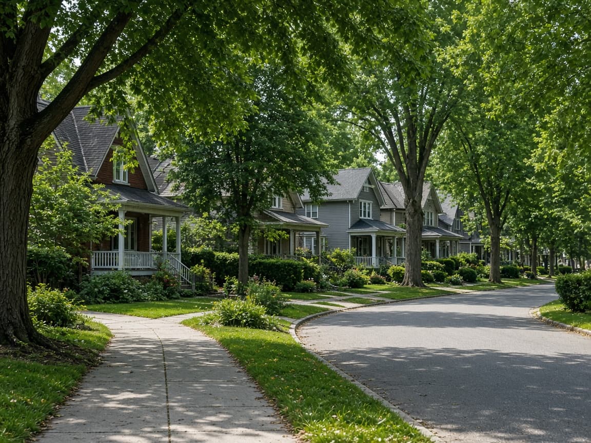 An Edmonton residential street in summer, seen from the sidewalk, with houses and mature trees. No address is readable.
