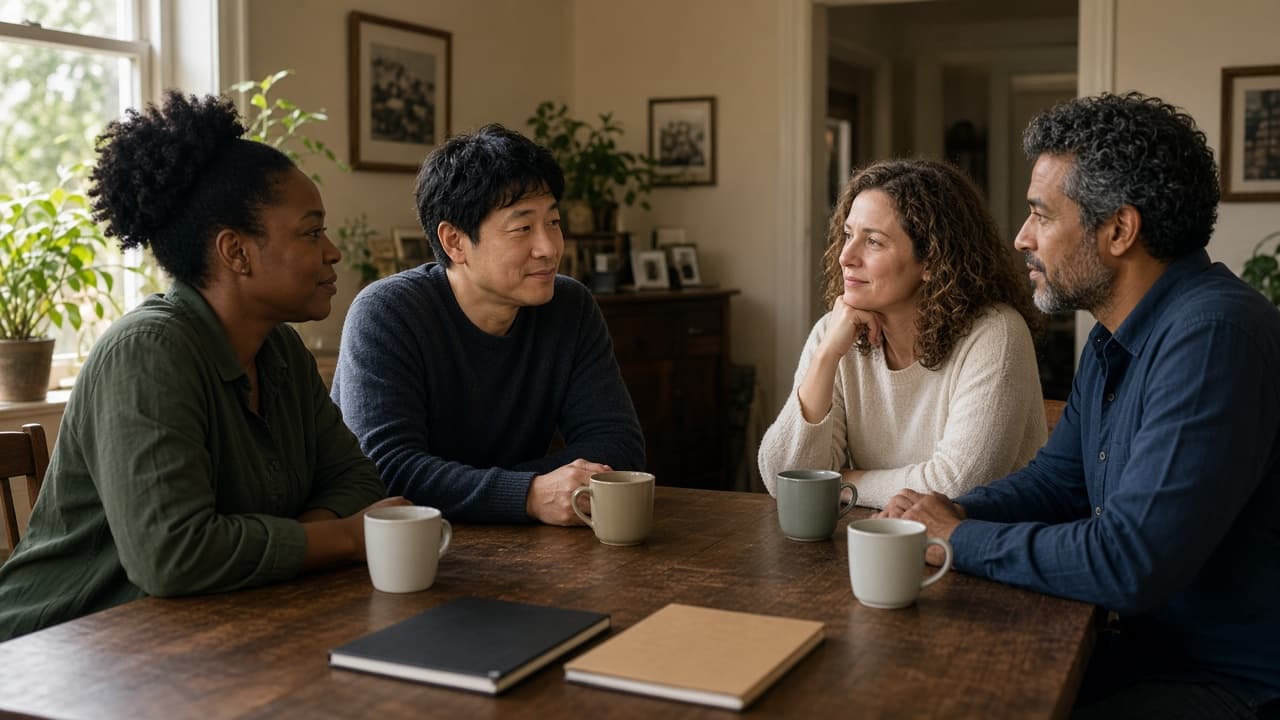 Four adults talk around a dining table in a house, with notebooks closed and mugs on the table. The photograph is illustrative, not a portrait of a named team.