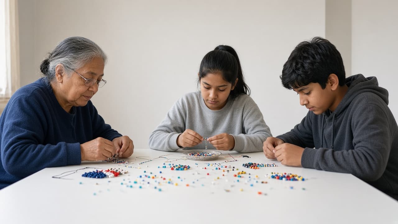 An Elder and two youths sit at a bright table doing beadwork. The walls are plain and the light is natural. The scene is a craft activity, not a captioned ceremony.