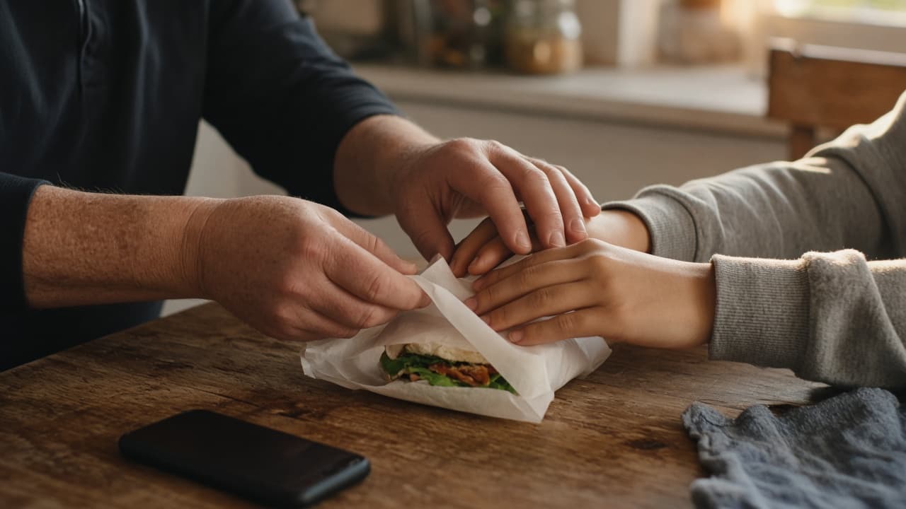 An adult’s hands and a youth’s hands wrap food together at a kitchen table. A phone lies face-down in late light.