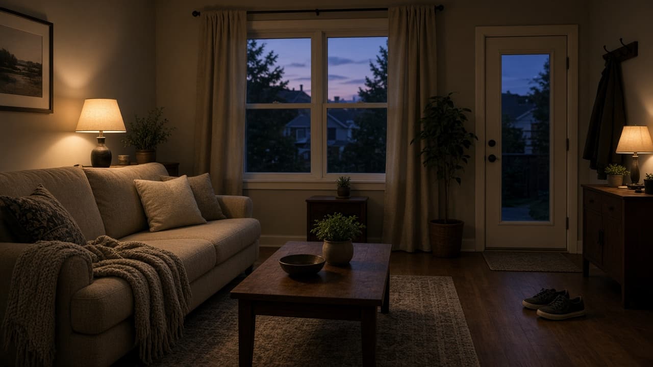 A living room at dusk with a lamp, a couch, a throw blanket, and sneakers by the door. No people are in the room.