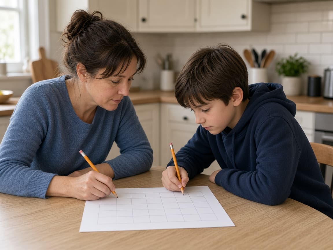 An adult and a youth sit at a kitchen table writing on a blank weekly schedule. The page has no readable personal information.