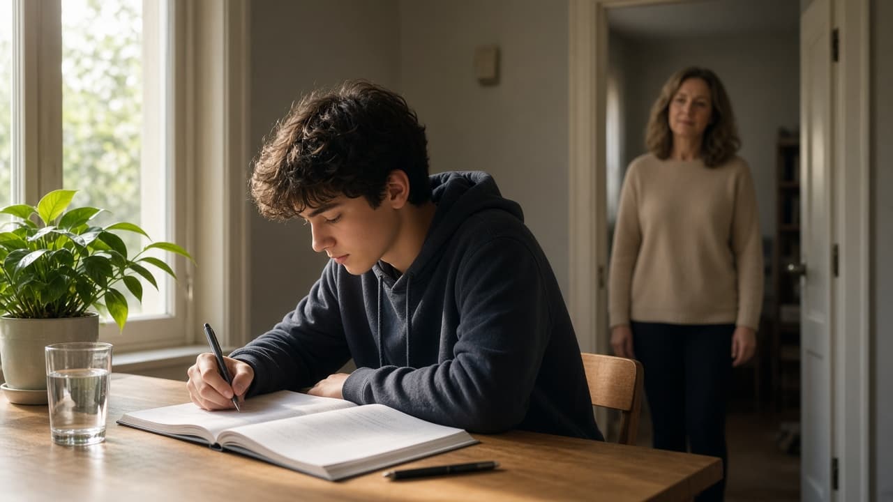 A youth about 15 works on homework at a desk by a window, with a glass of water and a plant. An adult stands in the doorway, available and not hovering.