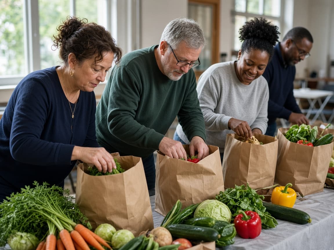 Adults pack lunches at a community table in natural light. No children are in the frame.